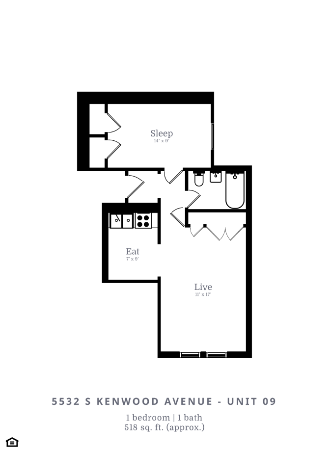Floor plan for 1 bed, 1 bath, 518 sqft